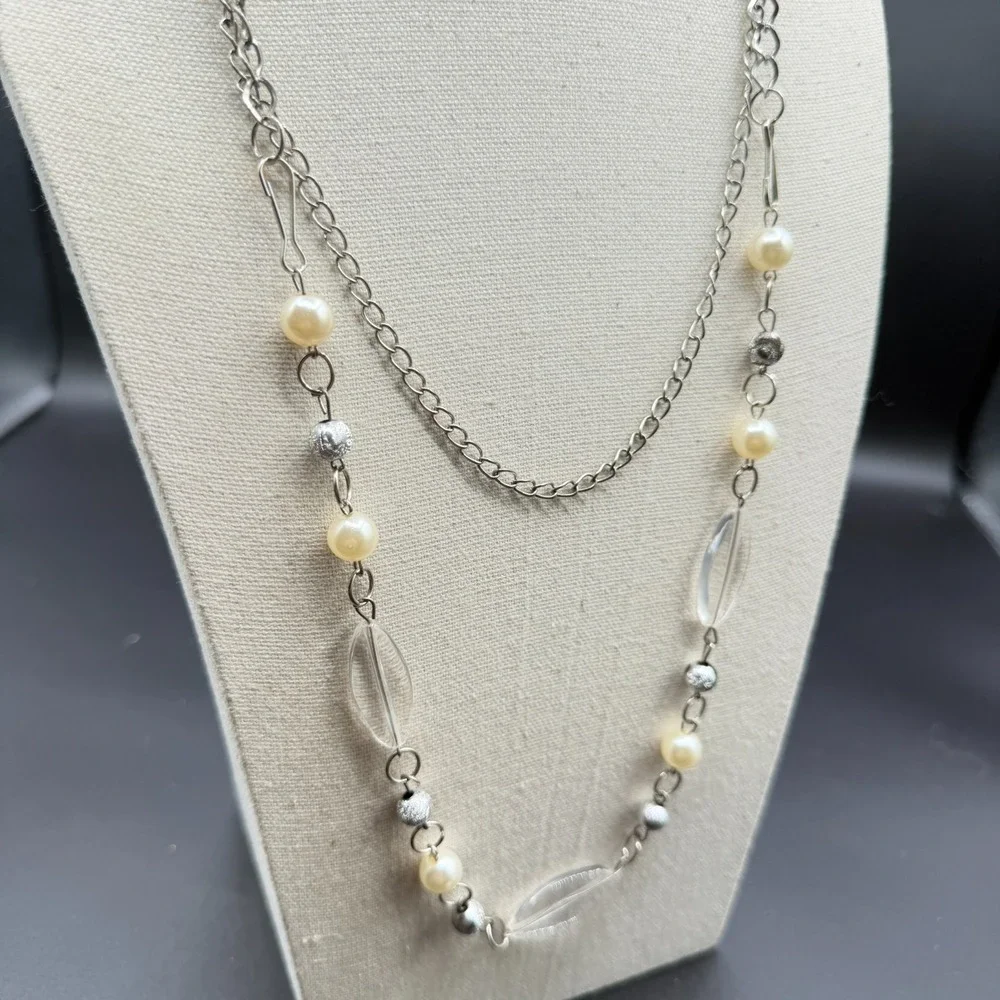 Silver Tone Faux Pearl Clear Bead Long Layering Necklace Y2K Boho Statement